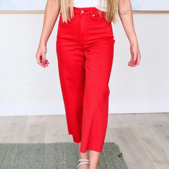 LISA HIGH RISE CONTROL TOP WIDE LEG CROP JEANS IN RED - Picture 6 of 9